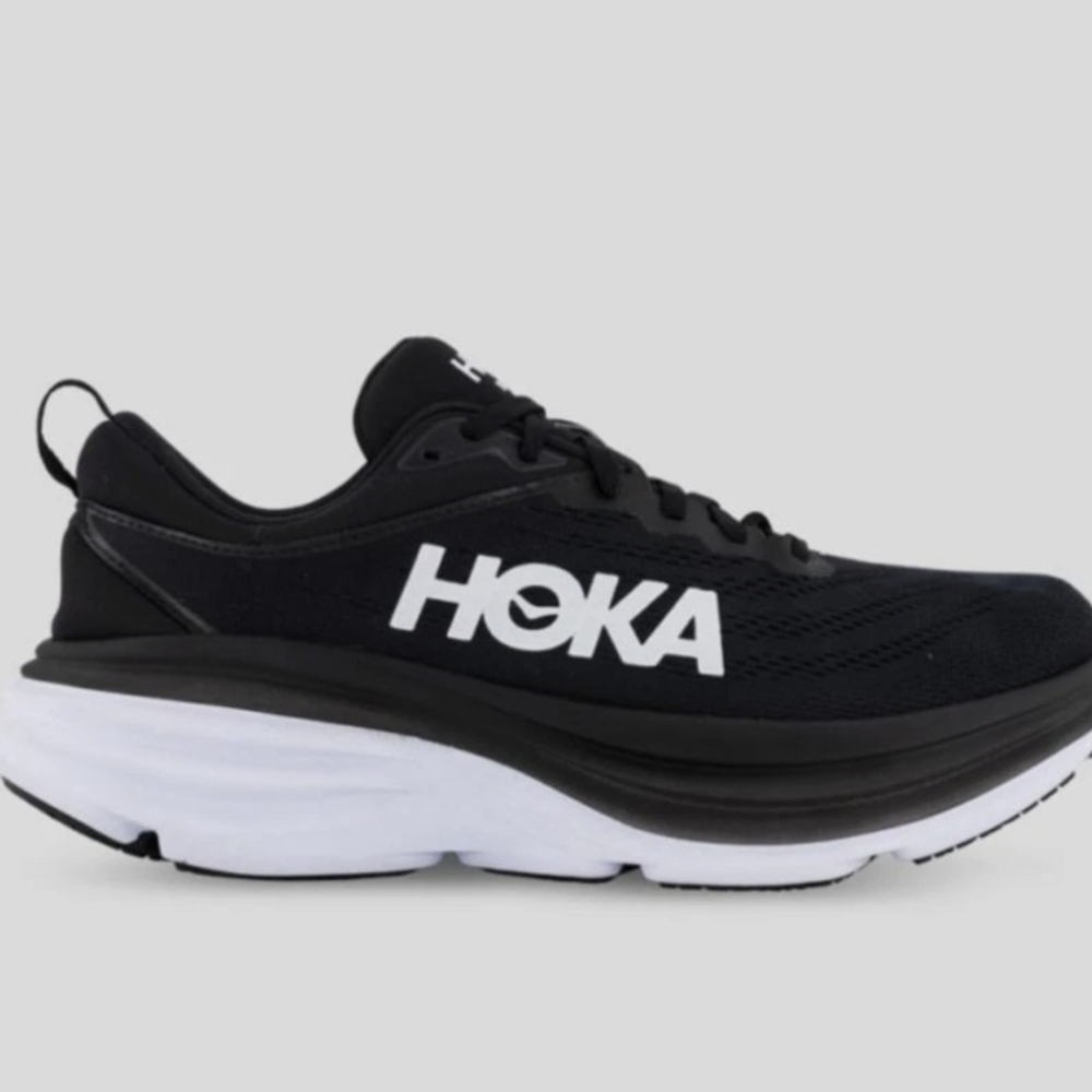 HOKA Bondi 8 Mens, Black and White Athletic Shoes.